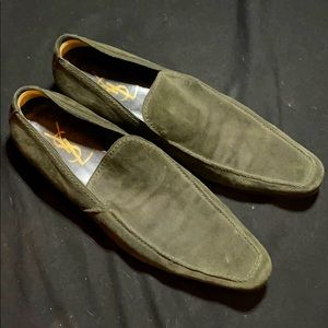YSL Moss green suede loafers.